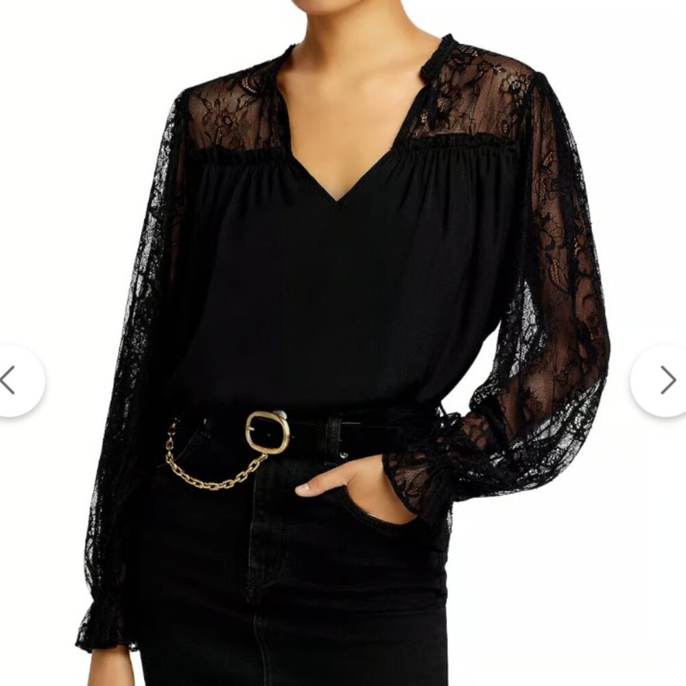 New Aqua size XL Black Lace Detail V Neck Long‎ Sleeve Flowy Blouse Feminine